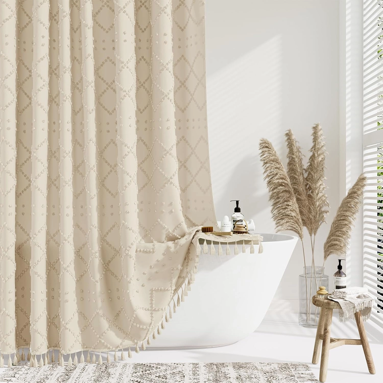 Dynamene Stall Fabric Shower Curtain, 36x72 inch Half Boho Tufted Geometric Striped Small Cloth Shower Curtains for Bathroom, Narrow Thick Waterproof Polyester Shower Curtain Set with 6 Hooks, Beige