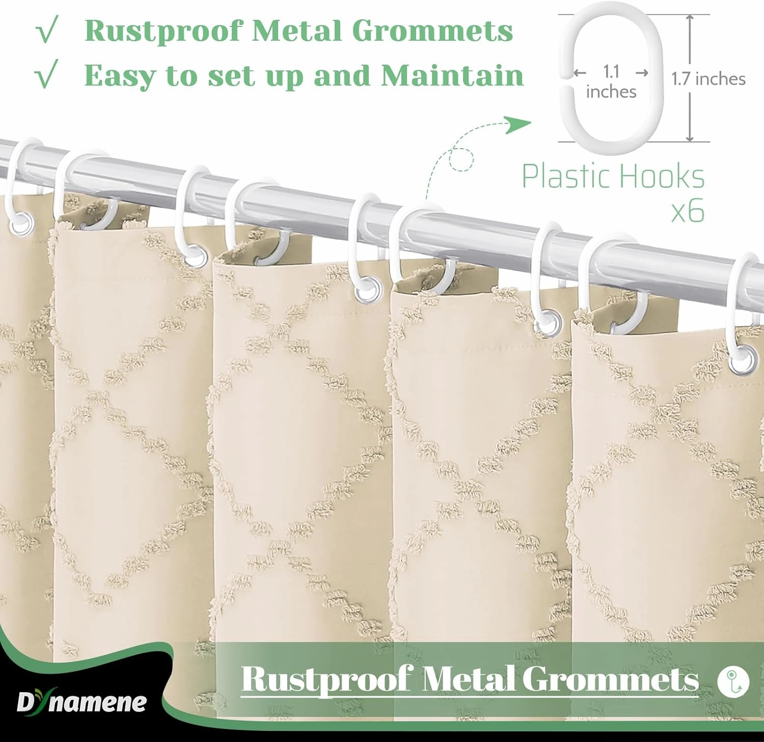 Dynamene Stall Fabric Shower Curtain, 36x72 inch Half Boho Tufted Geometric Striped Small Cloth Shower Curtains for Bathroom, Narrow Thick Waterproof Polyester Shower Curtain Set with 6 Hooks, Beige
