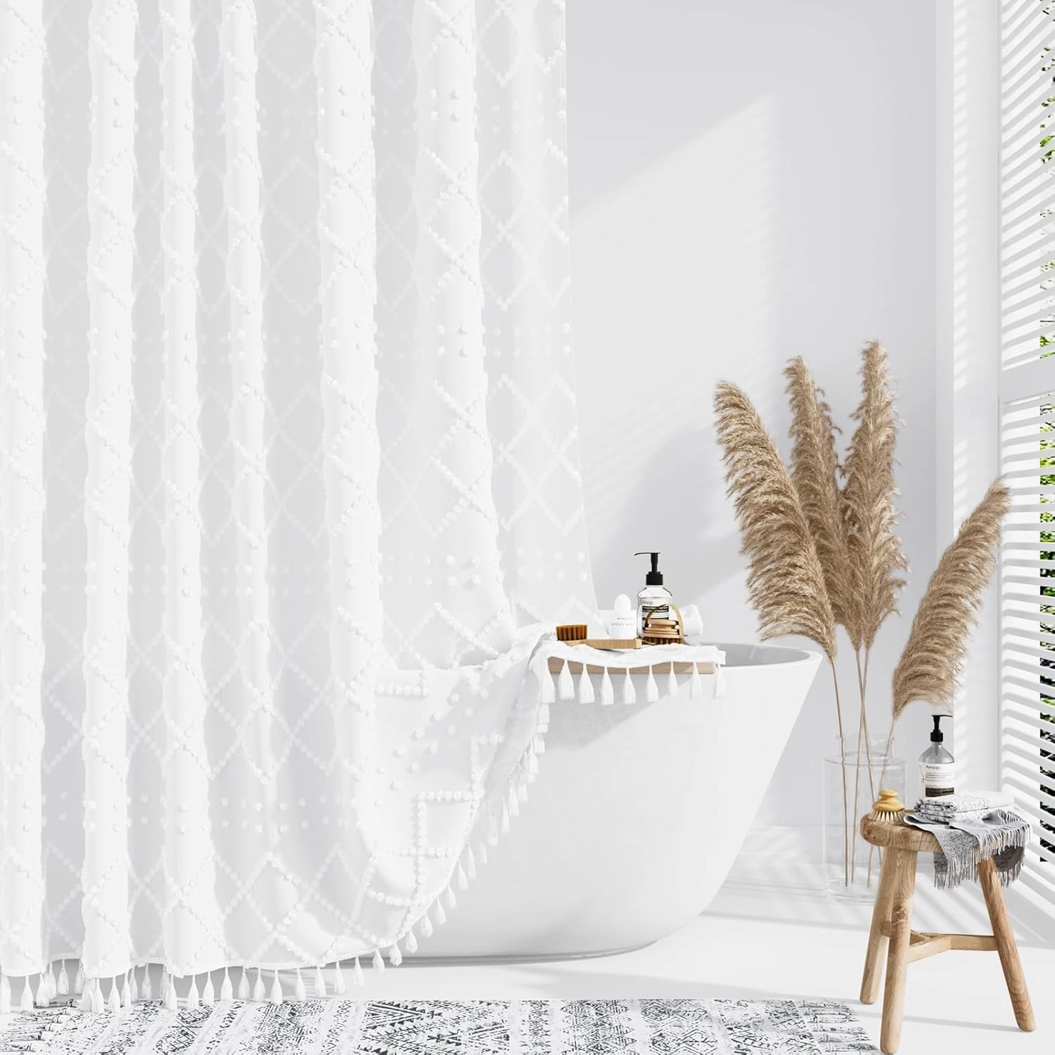 Dynamene White Fabric Shower Curtain, Boho Tufted Geometric Striped Tassel Shower Curtain for Bathroom, Shabby Chic Textured Modern Farmhouse Waterproof Cloth Shower Curtain Set, Wrinkle Free, 72x72