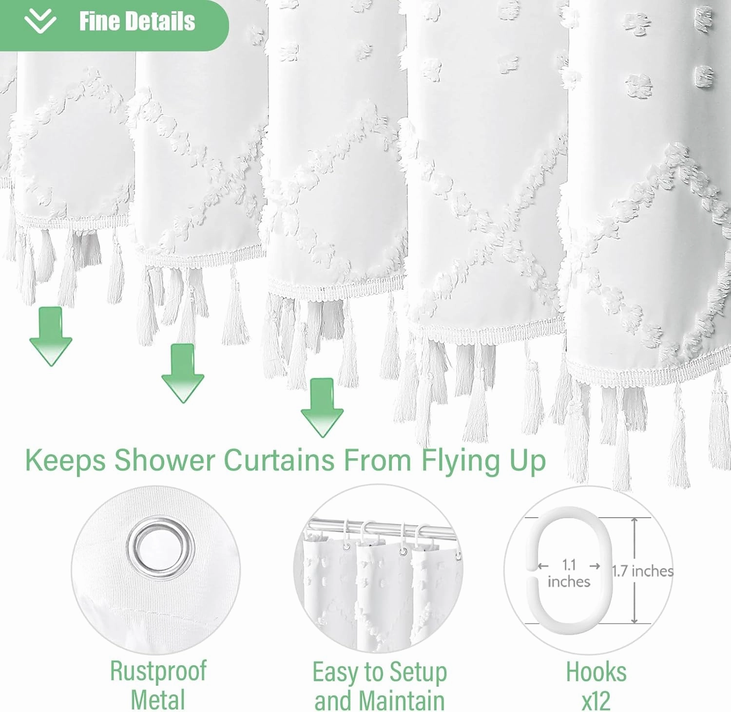 Dynamene White Fabric Shower Curtain, Boho Tufted Geometric Striped Tassel Shower Curtain for Bathroom, Shabby Chic Textured Modern Farmhouse Waterproof Cloth Shower Curtain Set, Wrinkle Free, 72x72