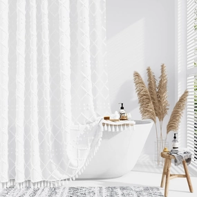 Dynamene White Fabric Shower Curtain, Boho Tufted Geometric Striped Tassel Shower Curtain for Bathroom, Shabby Chic Textured Modern Farmhouse Waterproof Cloth Shower Curtain Set, Wrinkle Free, 72x72