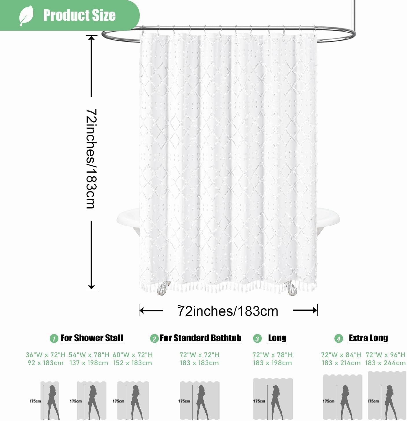 Dynamene White Fabric Shower Curtain, Boho Tufted Geometric Striped Tassel Shower Curtain for Bathroom, Shabby Chic Textured Modern Farmhouse Waterproof Cloth Shower Curtain Set, Wrinkle Free, 72x72