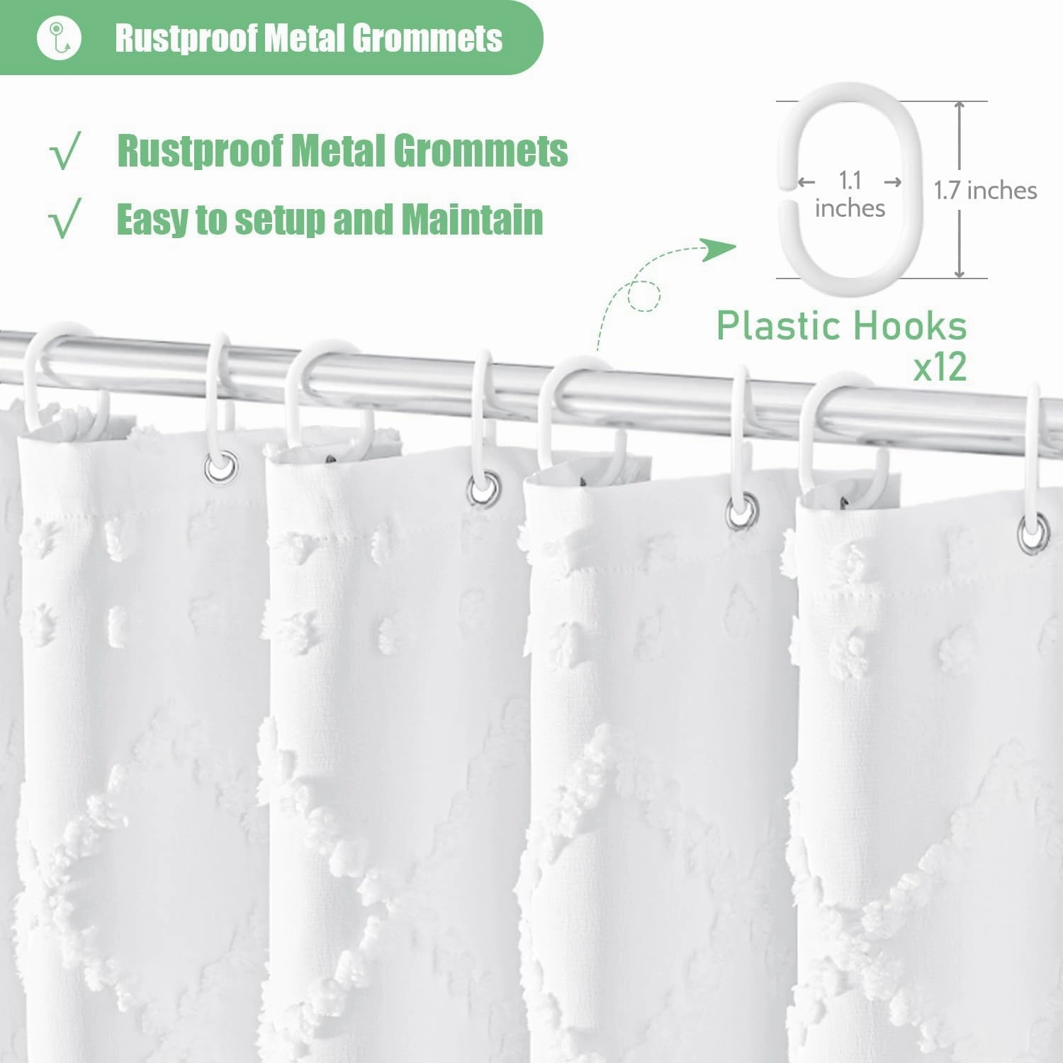 Dynamene White Fabric Shower Curtain, Boho Tufted Geometric Striped Tassel Shower Curtain for Bathroom, Shabby Chic Textured Modern Farmhouse Waterproof Cloth Shower Curtain Set, Wrinkle Free, 72x72