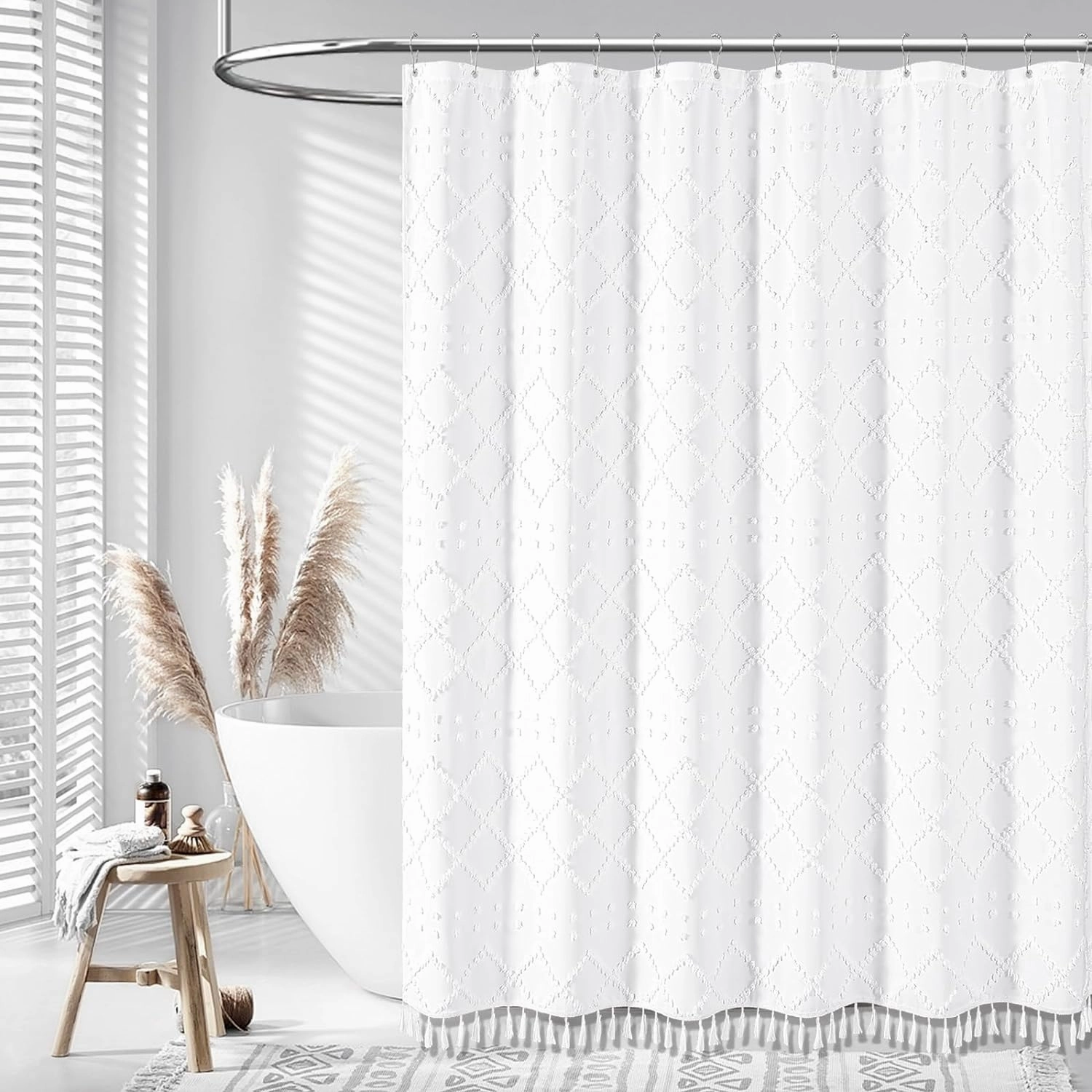 Dynamene White Fabric Shower Curtain, Boho Tufted Geometric Striped Tassel Shower Curtain for Bathroom, Shabby Chic Textured Modern Farmhouse Waterproof Cloth Shower Curtain Set, Wrinkle Free, 72x72