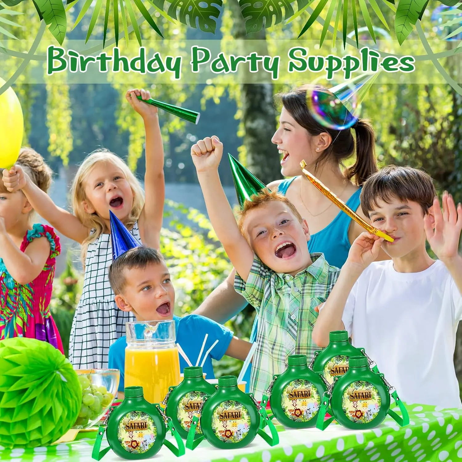 Eaasty 12 Set Jungle Safari Party Supplies Kids Canteens with Strap 10 oz Plastic Reusable Water Bottle Bulk for Zoo Animal Camo Camping Theme Birthday Decoration (Green)