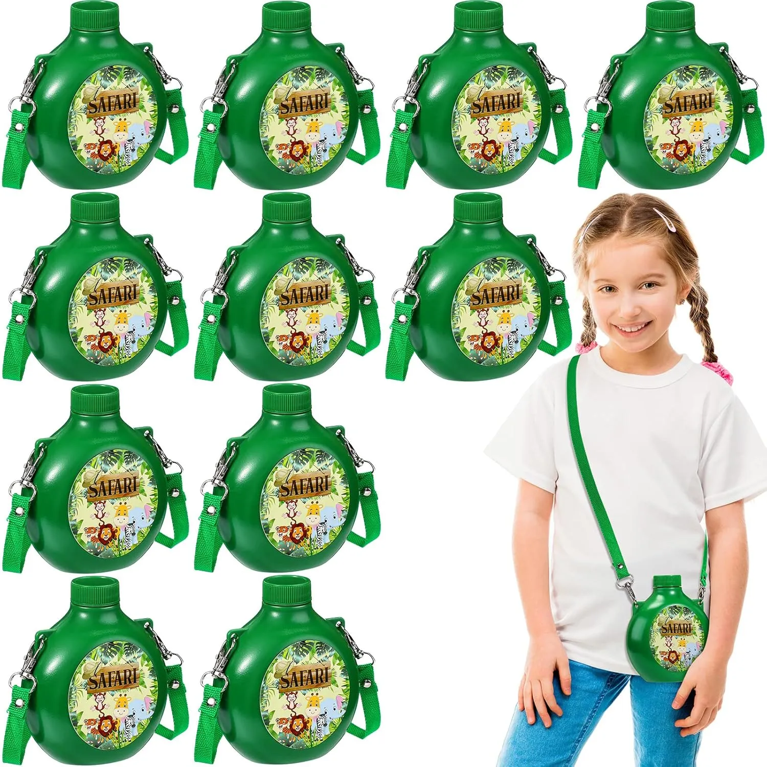 Eaasty 12 Set Jungle Safari Party Supplies Kids Canteens with Strap 10 oz Plastic Reusable Water Bottle Bulk for Zoo Animal Camo Camping Theme Birthday Decoration (Green)