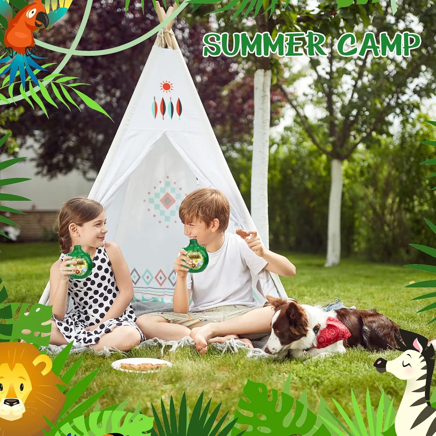 Eaasty 12 Set Jungle Safari Party Supplies Kids Canteens with Strap 10 oz Plastic Reusable Water Bottle Bulk for Zoo Animal Camo Camping Theme Birthday Decoration (Green)