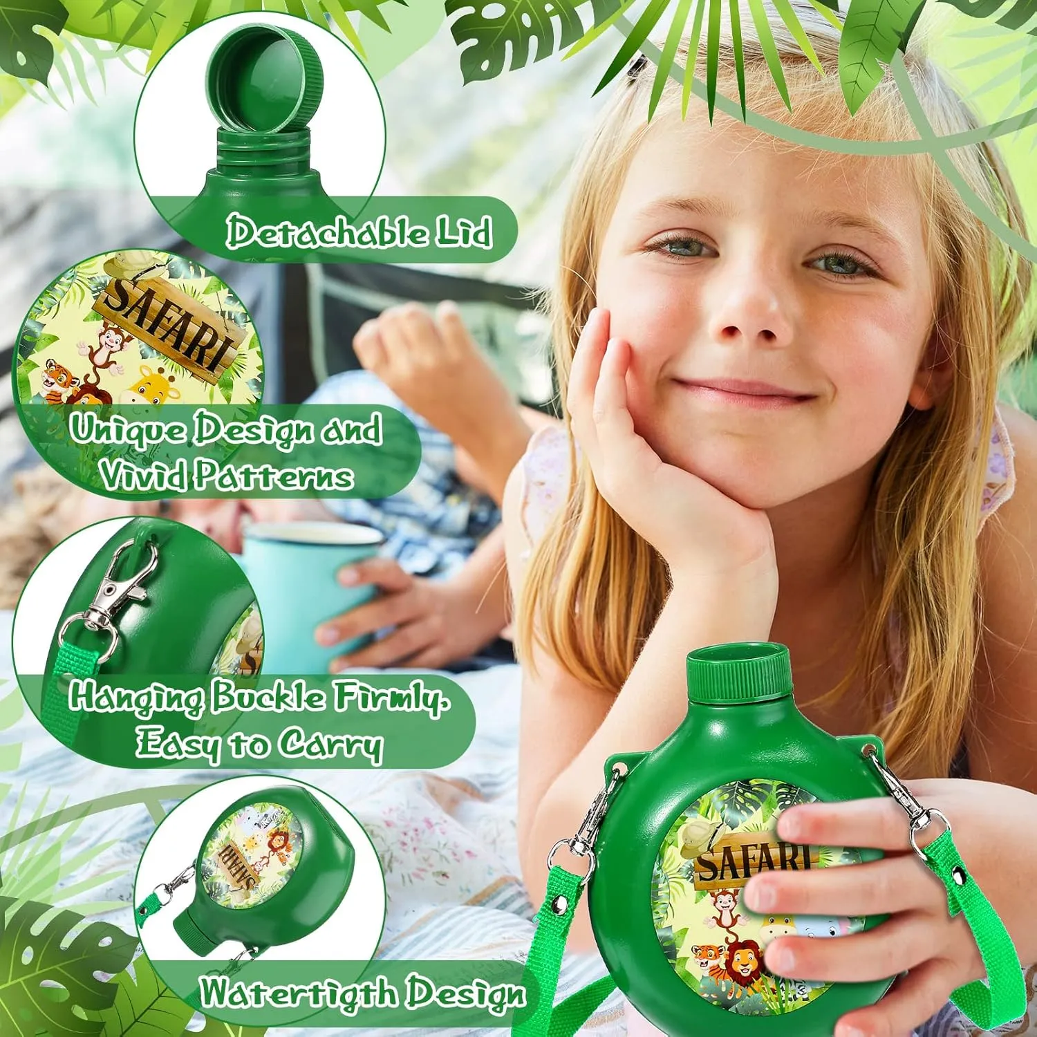 Eaasty 12 Set Jungle Safari Party Supplies Kids Canteens with Strap 10 oz Plastic Reusable Water Bottle Bulk for Zoo Animal Camo Camping Theme Birthday Decoration (Green)