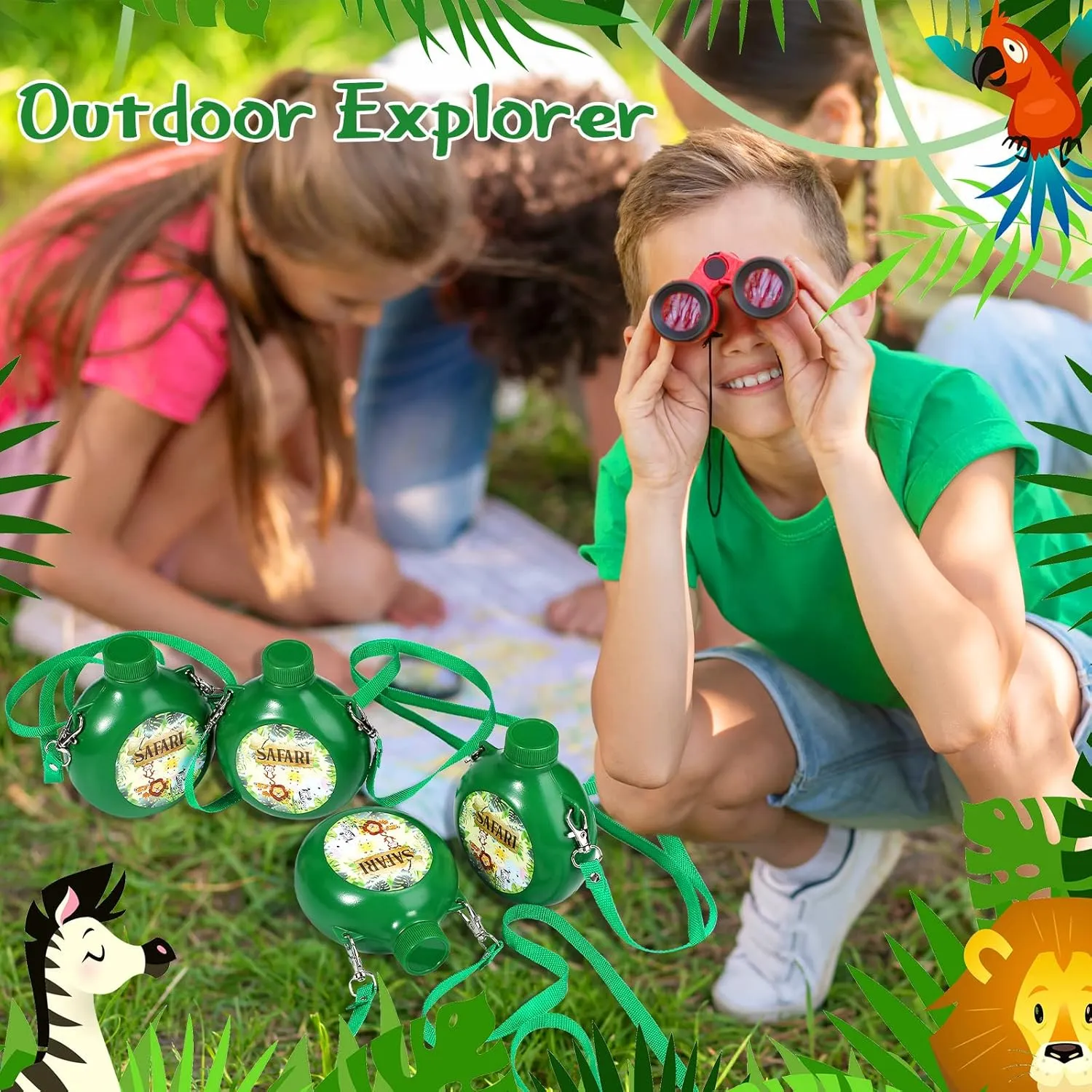 Eaasty 12 Set Jungle Safari Party Supplies Kids Canteens with Strap 10 oz Plastic Reusable Water Bottle Bulk for Zoo Animal Camo Camping Theme Birthday Decoration (Green)