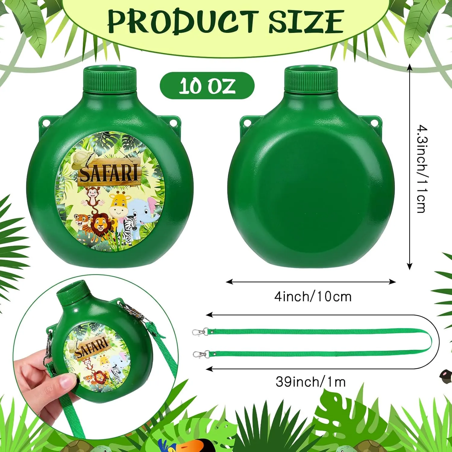 Eaasty 12 Set Jungle Safari Party Supplies Kids Canteens with Strap 10 oz Plastic Reusable Water Bottle Bulk for Zoo Animal Camo Camping Theme Birthday Decoration (Green)