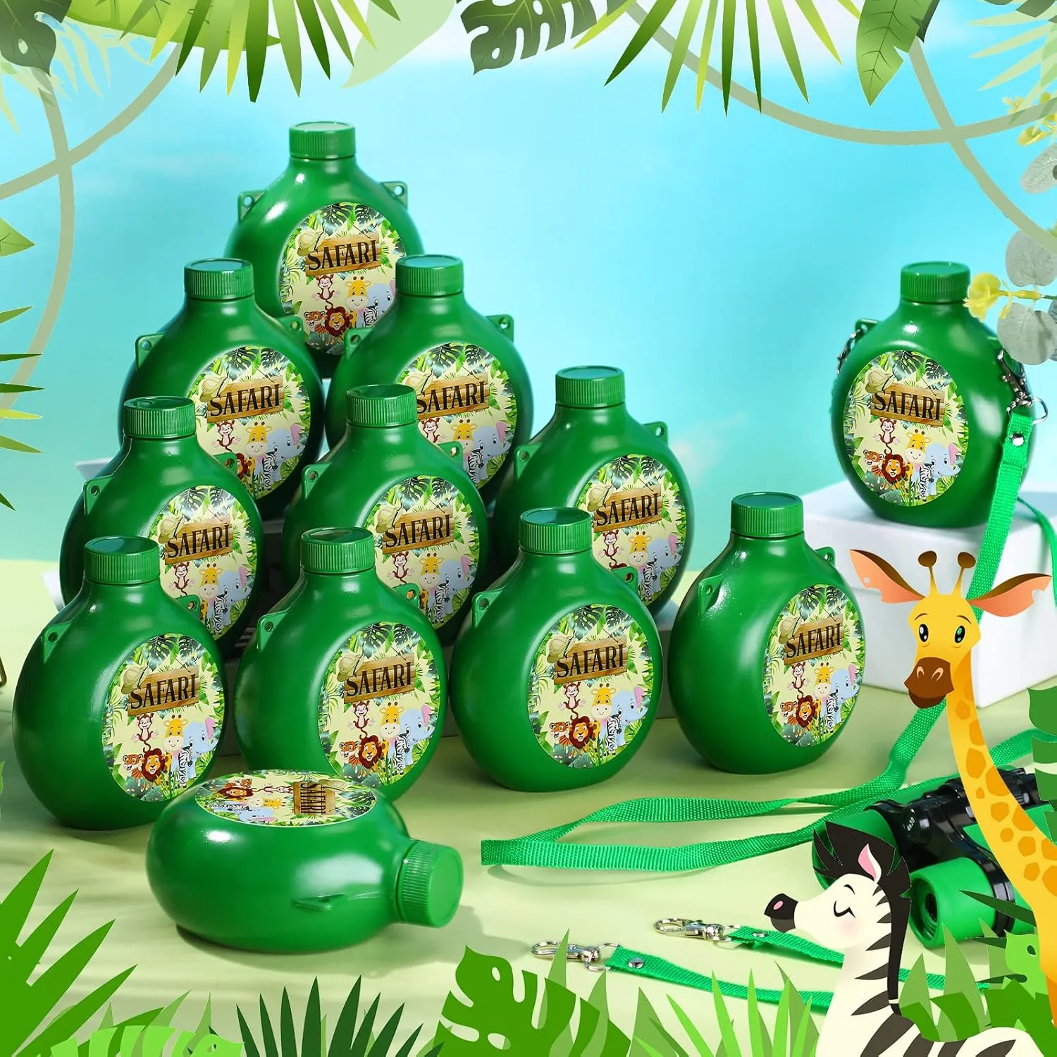 Eaasty 12 Set Jungle Safari Party Supplies Kids Canteens with Strap 10 oz Plastic Reusable Water Bottle Bulk for Zoo Animal Camo Camping Theme Birthday Decoration (Green)