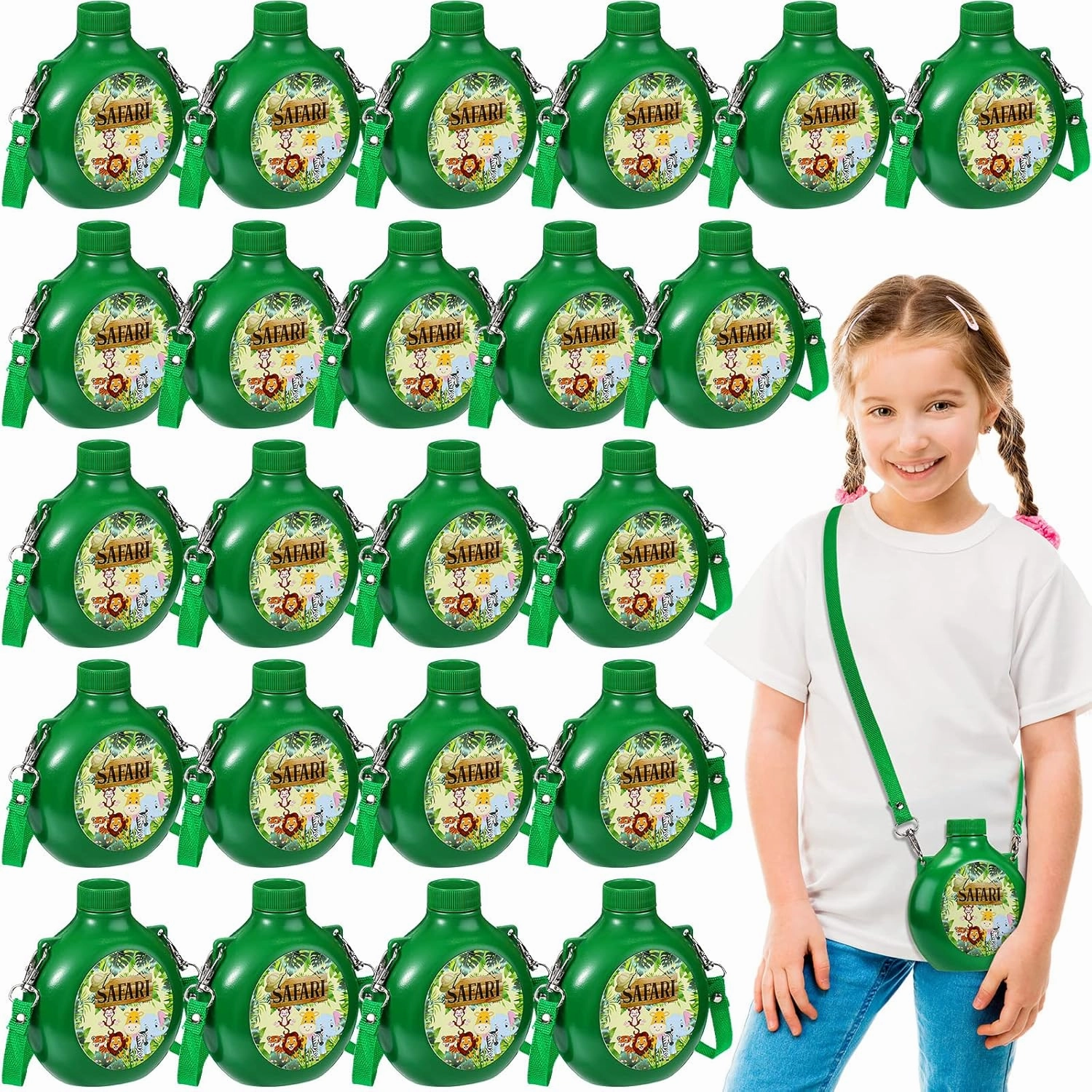 Eaasty 24 Set Jungle Safari Party Supplies Kids Canteens with Strap 10 oz Plastic Reusable Water Bottle Bulk for Zoo Animal Camo Camping Theme Birthday Decoration (Green)