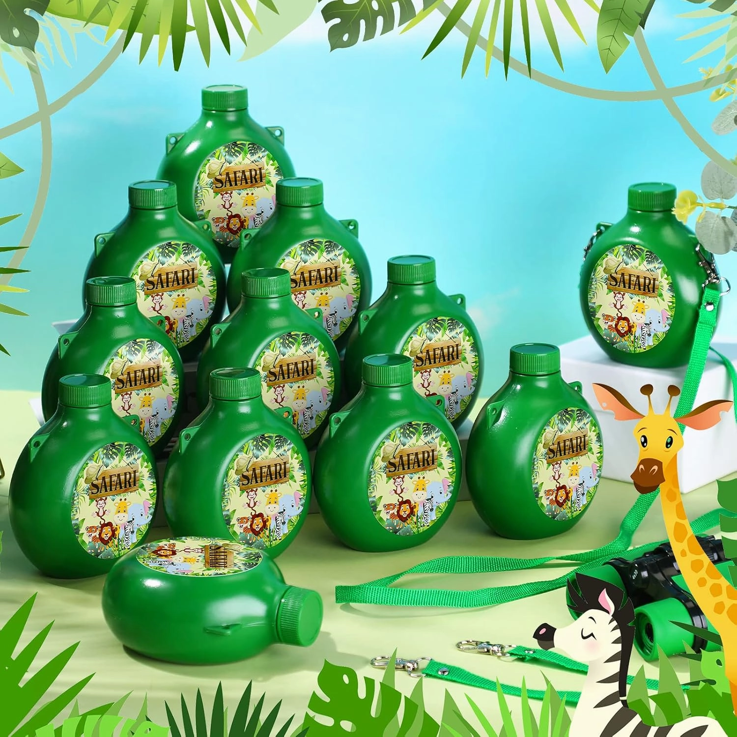 Eaasty 24 Set Jungle Safari Party Supplies Kids Canteens with Strap 10 oz Plastic Reusable Water Bottle Bulk for Zoo Animal Camo Camping Theme Birthday Decoration (Green)