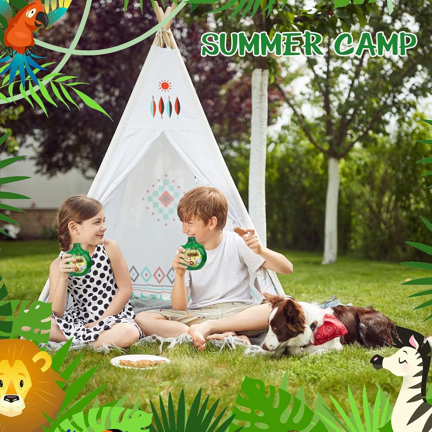 Eaasty 24 Set Jungle Safari Party Supplies Kids Canteens with Strap 10 oz Plastic Reusable Water Bottle Bulk for Zoo Animal Camo Camping Theme Birthday Decoration (Green)