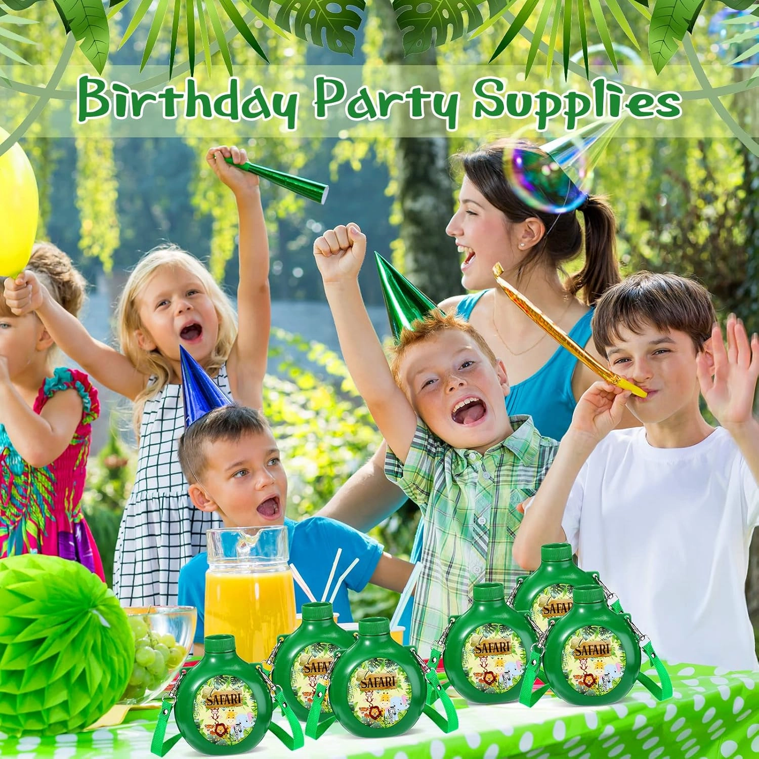 Eaasty 24 Set Jungle Safari Party Supplies Kids Canteens with Strap 10 oz Plastic Reusable Water Bottle Bulk for Zoo Animal Camo Camping Theme Birthday Decoration (Green)
