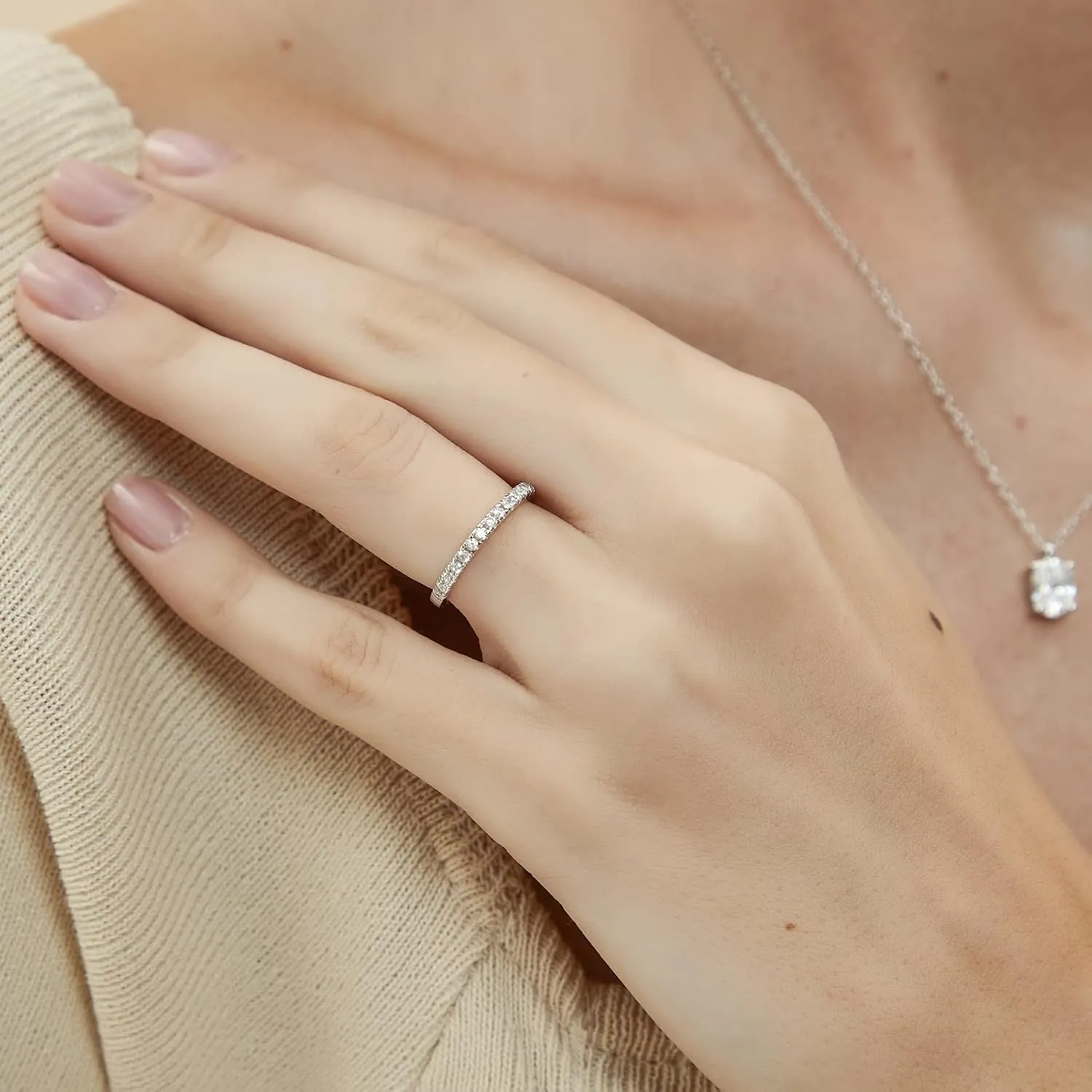 EAMTI 2mm 925 Sterling Silver Wedding Band Cubic Zirconia Half Eternity Stackable Engagement Ring Size 3-13