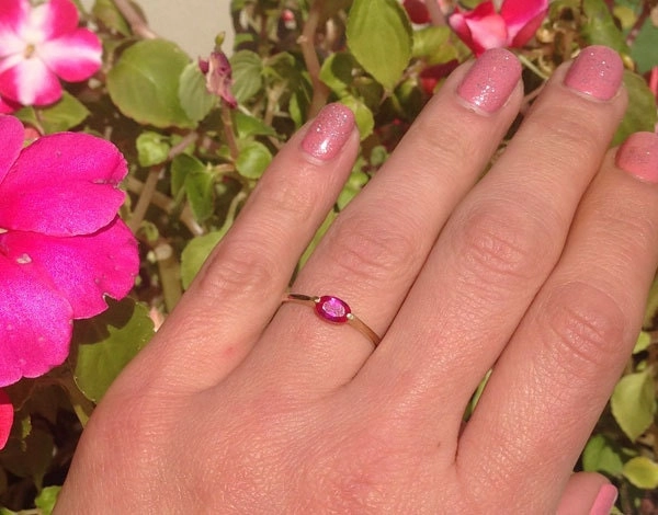 East-West Oval Ruby Simple Stacking Ring
