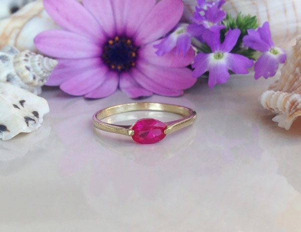 East-West Oval Ruby Simple Stacking Ring