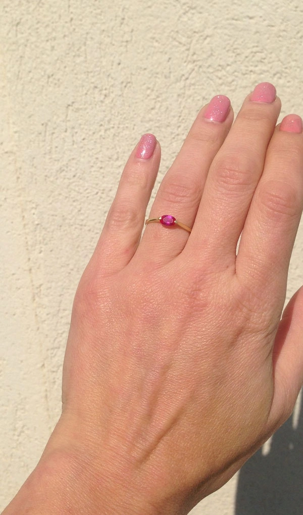 East-West Oval Ruby Simple Stacking Ring