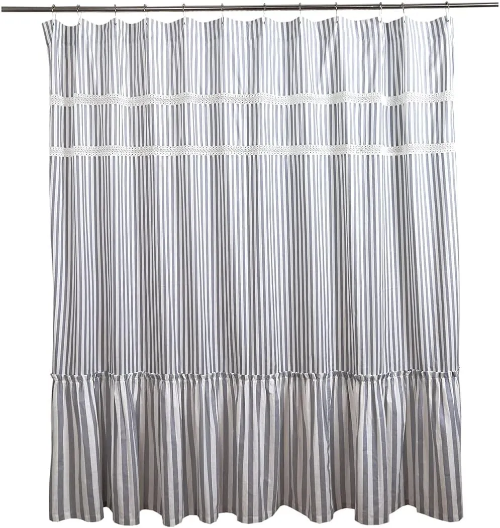Eastern 100% Cotton Gray Farmhouse Shower Curtain with Lace Trim, Shabby Chic Shower Curtains for Bathroom, Country Cottage Ruffled Fabric Shower Curtain Washable 72 x 72