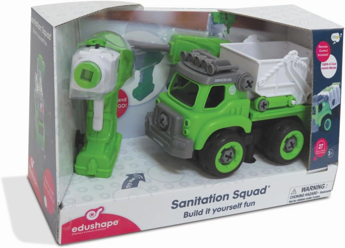 Edushape Sanitation Truck Baby Toy - Remote-Controlled and Fit for DIY Re-Assembly - Enhance STEM and Creativity for Kids Aged 3 Years and Up