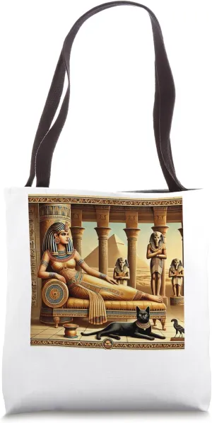 Egypt Queen On Lounge With Cat Temple Poster Graphic Tote Bag