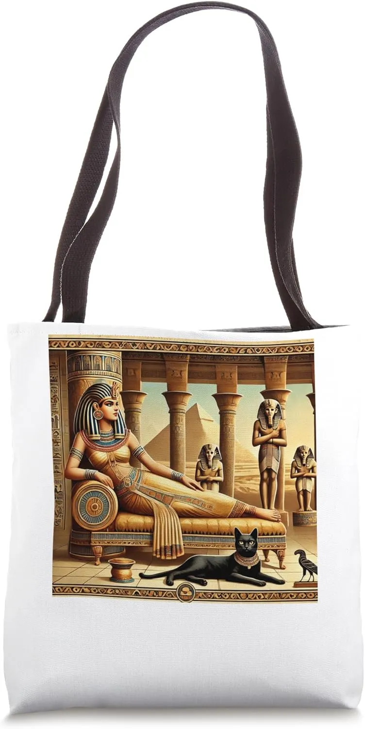 Egypt Queen On Lounge With Cat Temple Poster Graphic Tote Bag