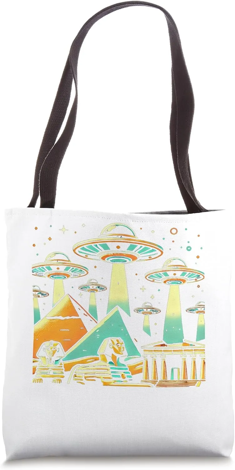 Egypt UFO Beams Over Pyramids And Ruins Night Scene Tote Bag