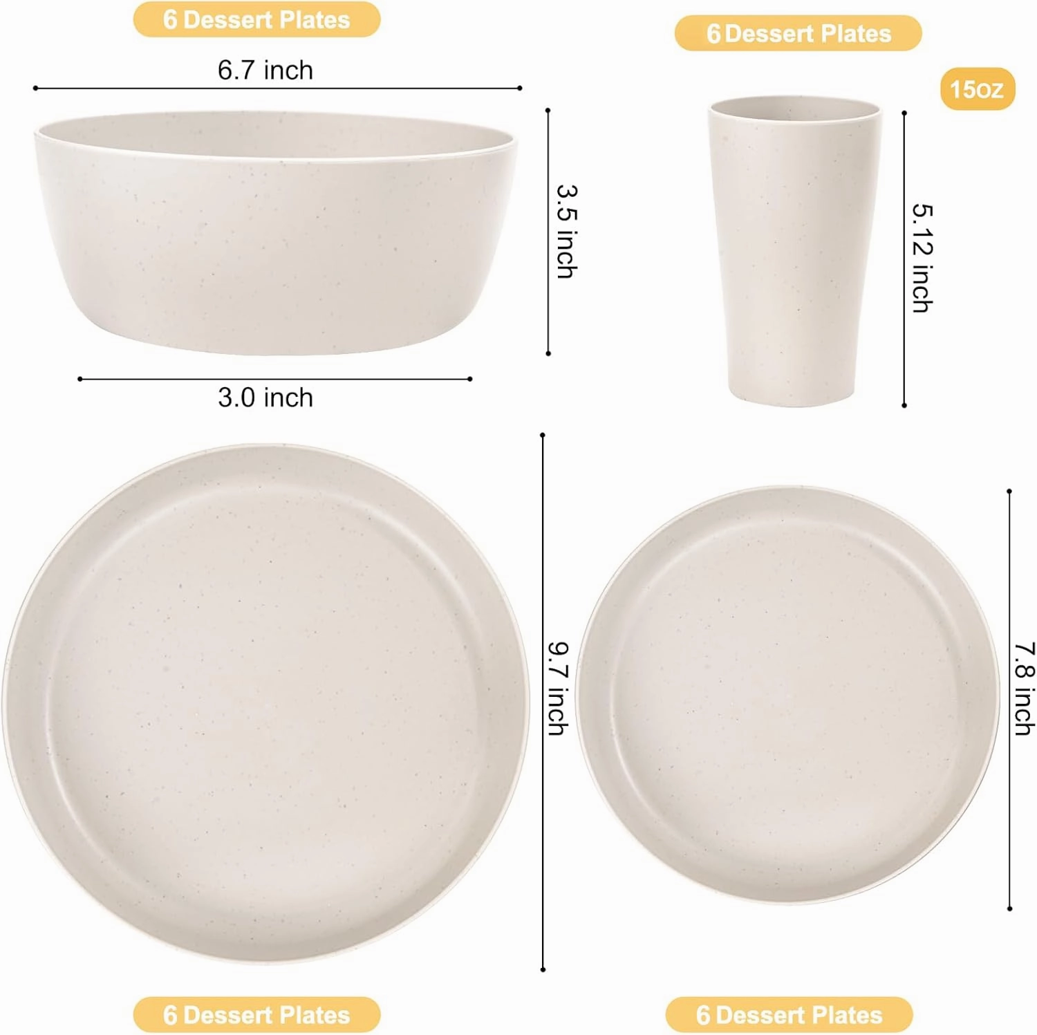 EI 24pcs Wheat Straw Dinnerware Set,Beige Wheat Straw Plates,Plastic Plates Reusable Unbreakable,Deep Dinner Hard Premium Plastic Plates,Kitchen Plates for Camping,Picninc,Family Dinner