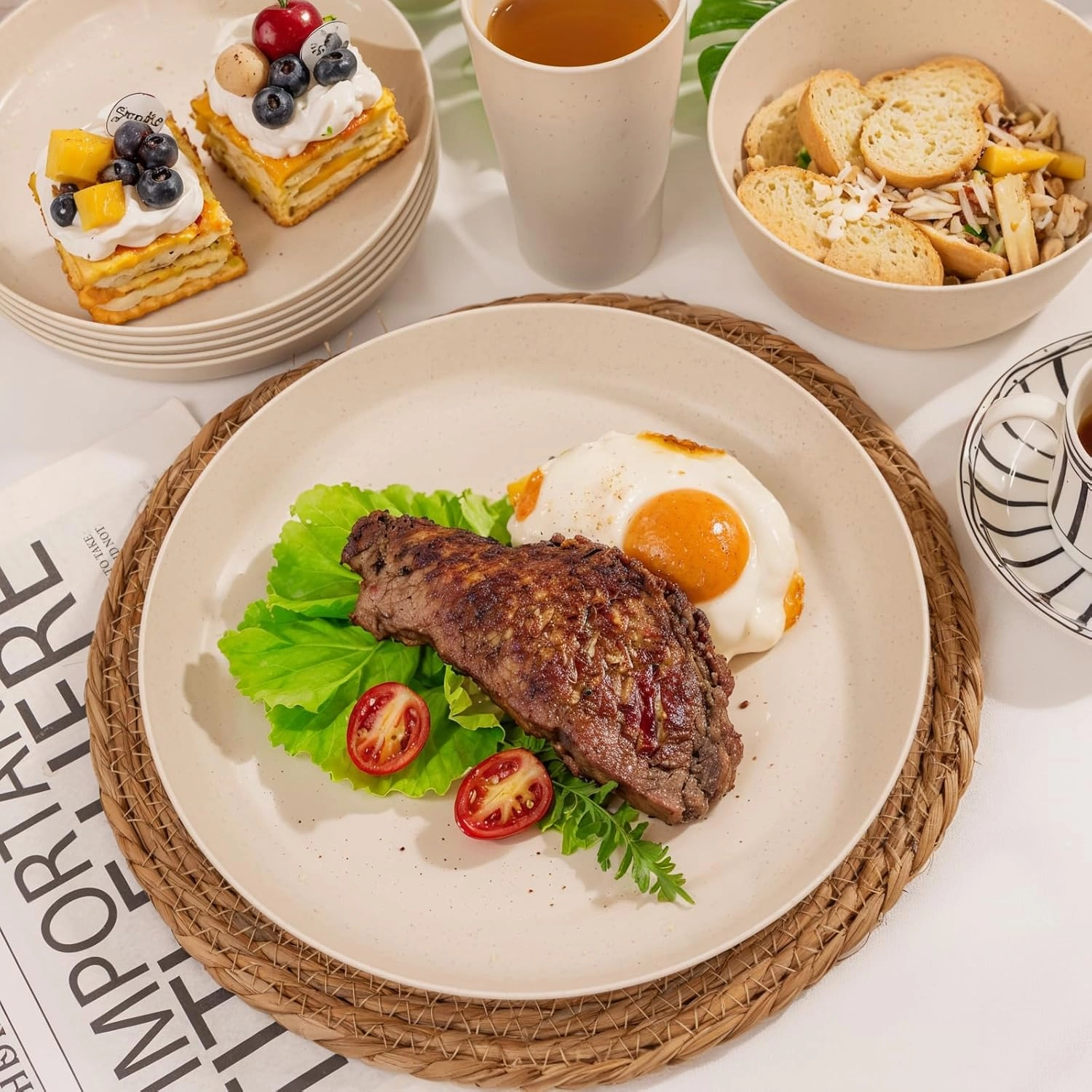 EI 24pcs Wheat Straw Dinnerware Set,Beige Wheat Straw Plates,Plastic Plates Reusable Unbreakable,Deep Dinner Hard Premium Plastic Plates,Kitchen Plates for Camping,Picninc,Family Dinner