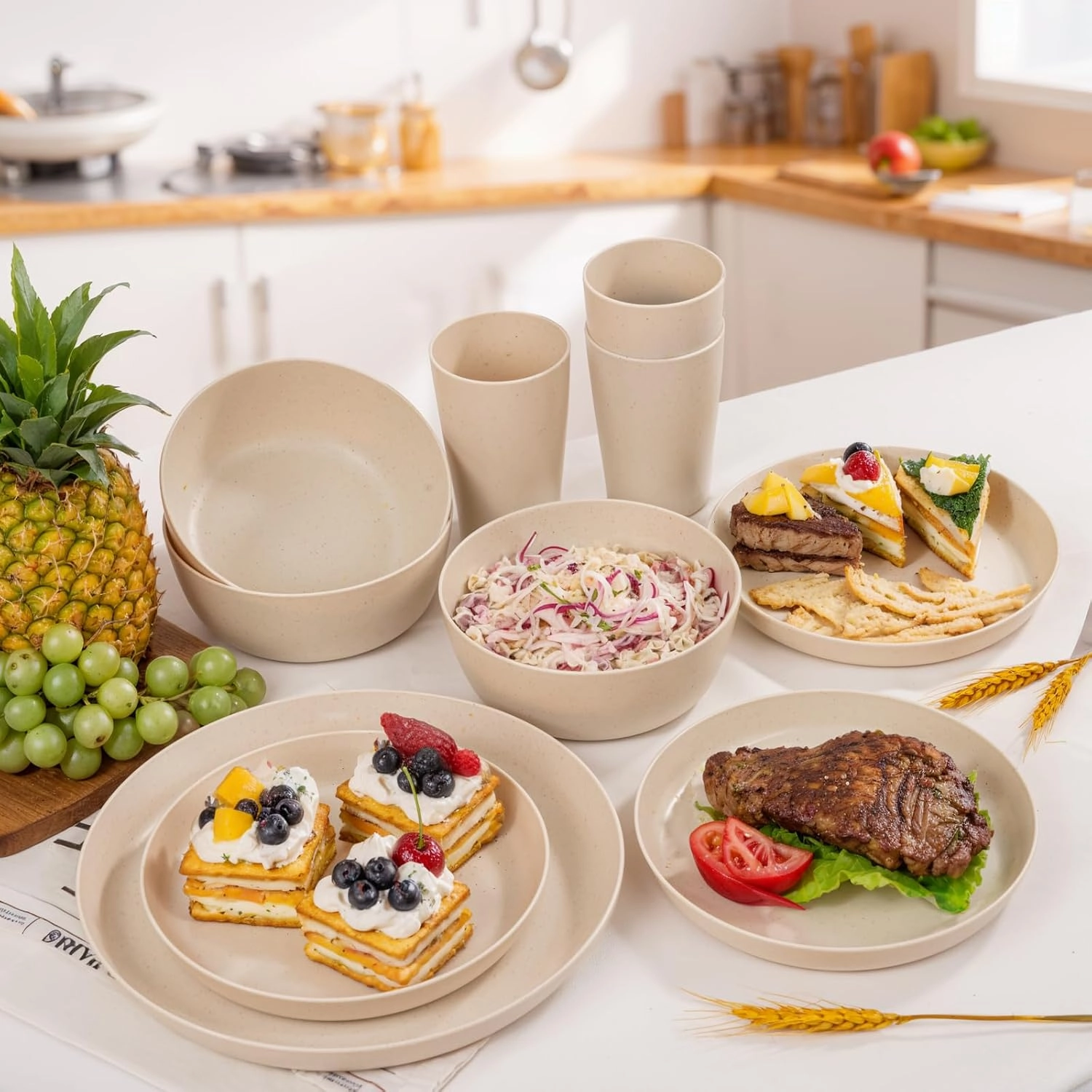 EI 24pcs Wheat Straw Dinnerware Set,Beige Wheat Straw Plates,Plastic Plates Reusable Unbreakable,Deep Dinner Hard Premium Plastic Plates,Kitchen Plates for Camping,Picninc,Family Dinner
