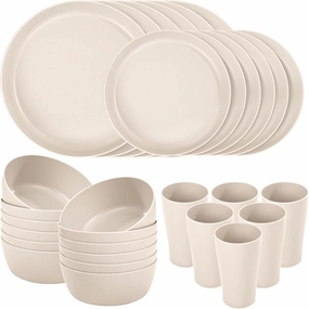 EI 24pcs Wheat Straw Dinnerware Set,Beige Wheat Straw Plates,Plastic Plates Reusable Unbreakable,Deep Dinner Hard Premium Plastic Plates,Kitchen Plates for Camping,Picninc,Family Dinner