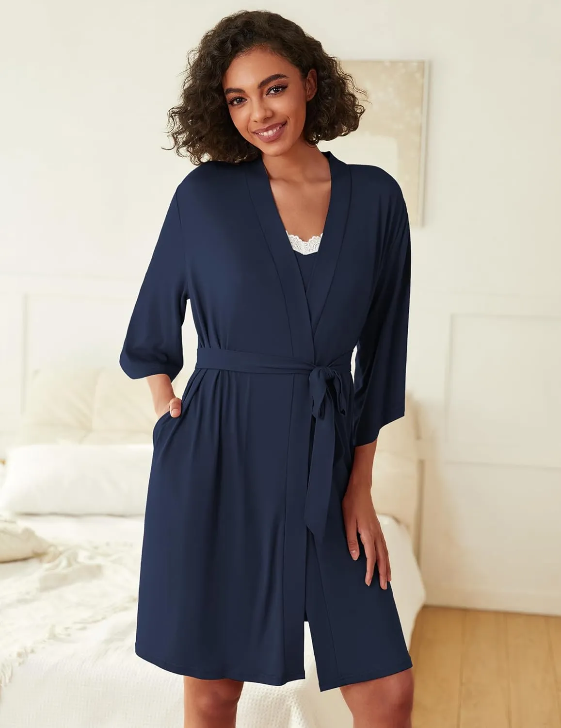 Ekouaer Robes Womens Nightgown and Robe Set 2 Piece Sexy Lace Spaghetti Strap Lightweight Sleepwear with Pockets S-XXL