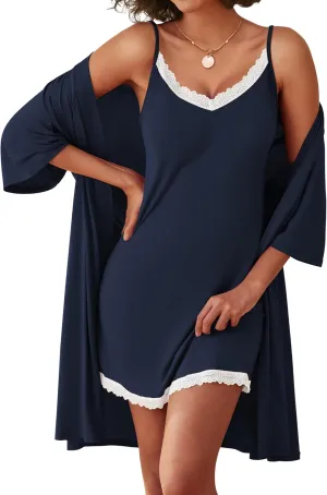 Ekouaer Robes Womens Nightgown and Robe Set 2 Piece Sexy Lace Spaghetti Strap Lightweight Sleepwear with Pockets S-XXL
