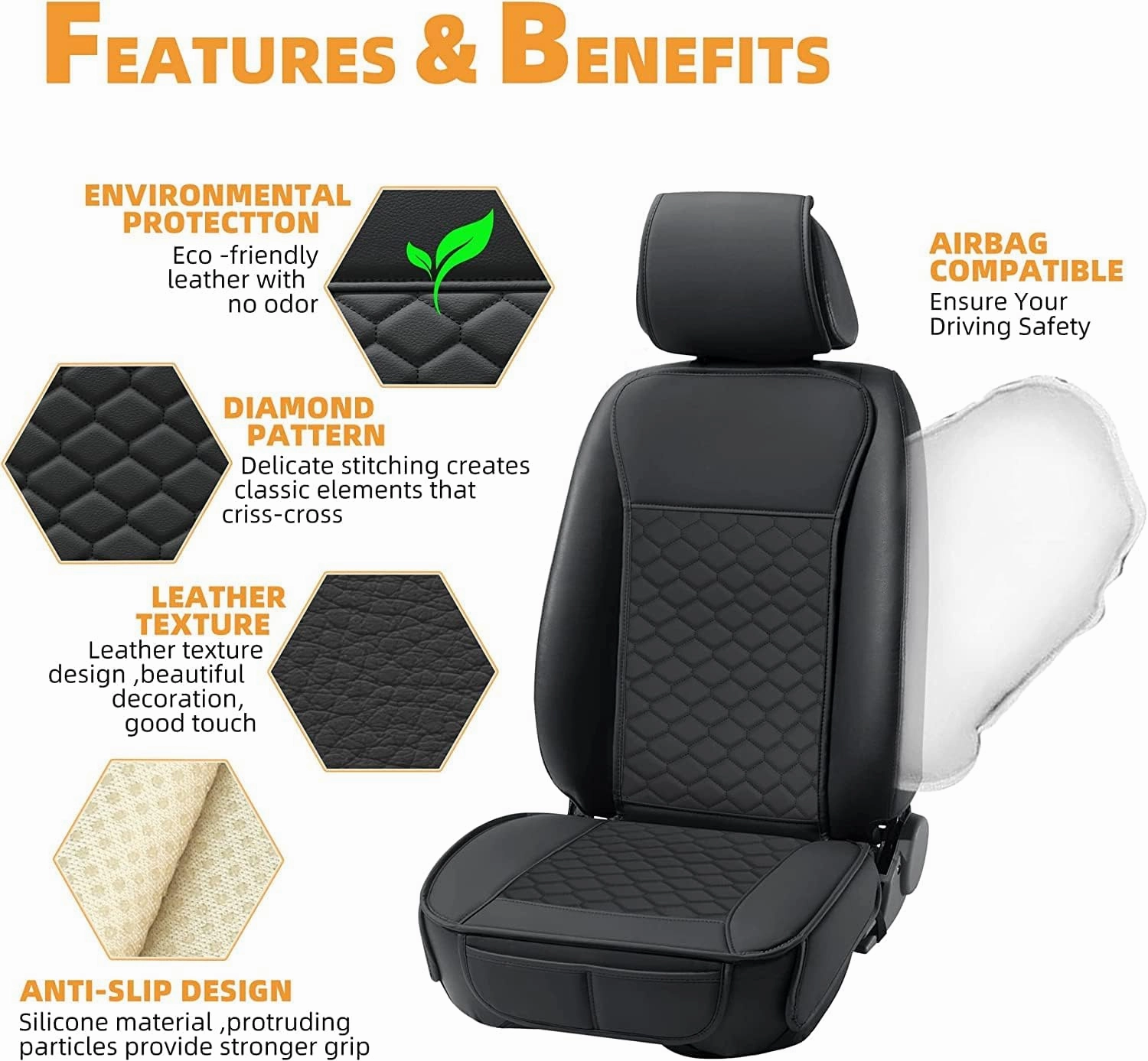 Elantrip 2PCs Front Car Seat Covers Leather Water Proof Seat Protector Universal fit for Most Cars SUVs and Trucks Black