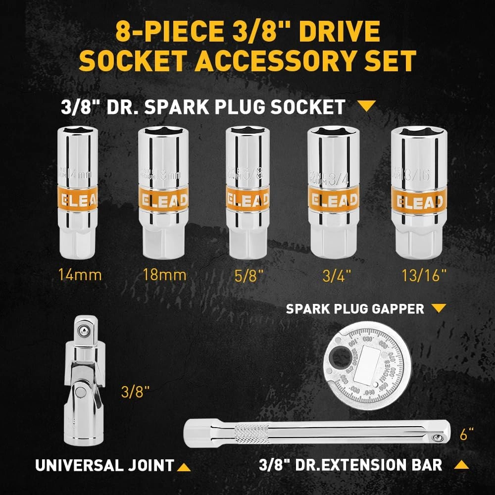 ELEAD 8-Piece 3/8" Drive Spark Plug Socket Set with Universal Joint, Spark Plug Gapper and 6" Extension Bar, SAE & Metric, 5/8", 3/4", 13/16", 14mm, 18mm, CR-V Sockets with Rubber Holding Rings