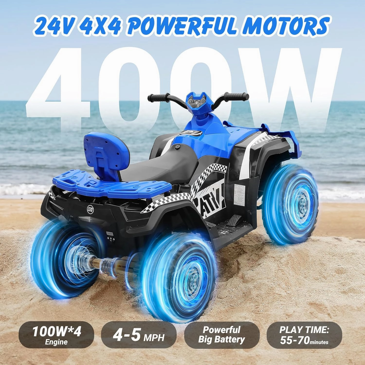 ELEMARA 24V 2 Seater Ride on ATV for Big Kids,4x4 Kids ATV 4 Wheeler Ride on Toy with 400W Powerful Motors, 5mph Max Speed,Kid Four Wheeler,LED Headlights,Music,Electric Ride on Car,Blue