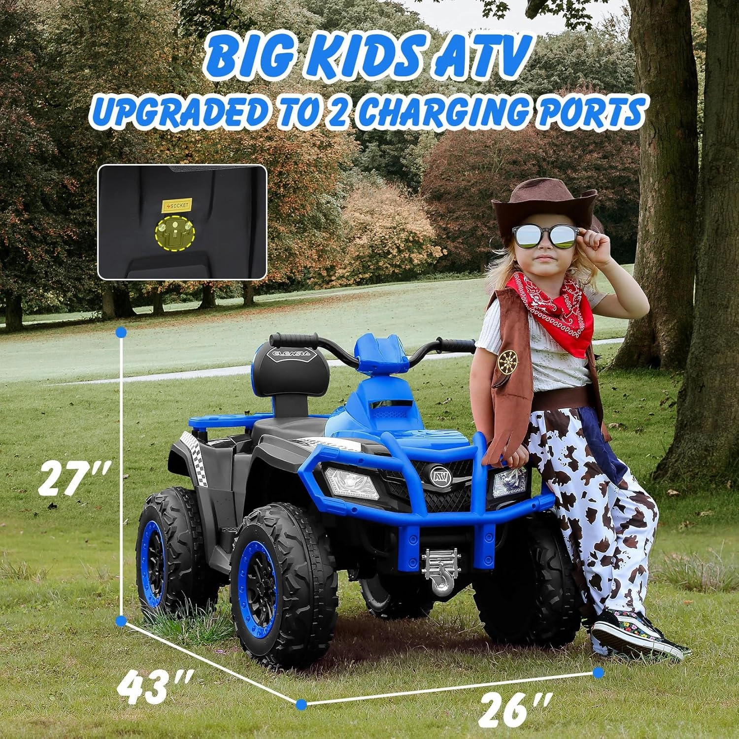 ELEMARA 24V 2 Seater Ride on ATV for Big Kids,4x4 Kids ATV 4 Wheeler Ride on Toy with 400W Powerful Motors, 5mph Max Speed,Kid Four Wheeler,LED Headlights,Music,Electric Ride on Car,Blue