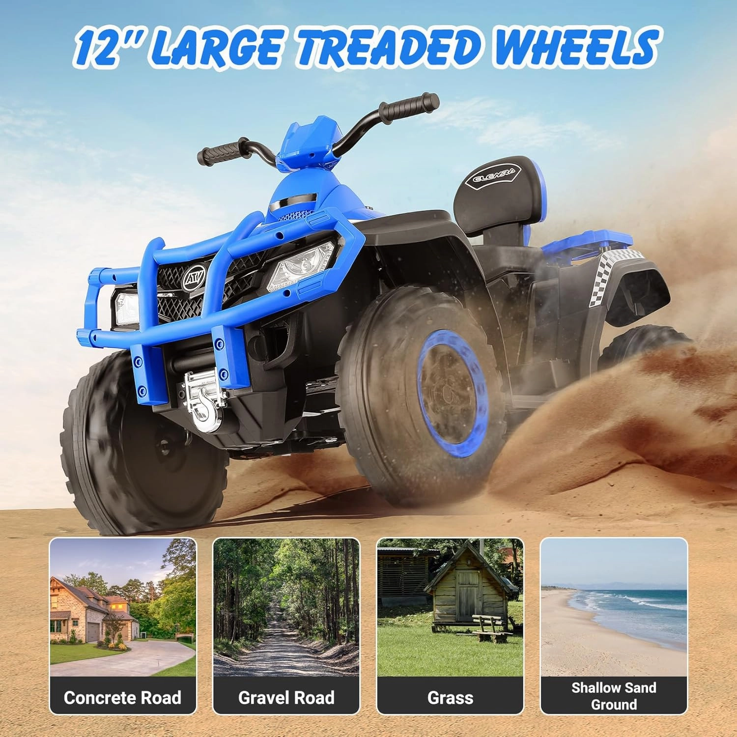 ELEMARA 24V 2 Seater Ride on ATV for Big Kids,4x4 Kids ATV 4 Wheeler Ride on Toy with 400W Powerful Motors, 5mph Max Speed,Kid Four Wheeler,LED Headlights,Music,Electric Ride on Car,Blue
