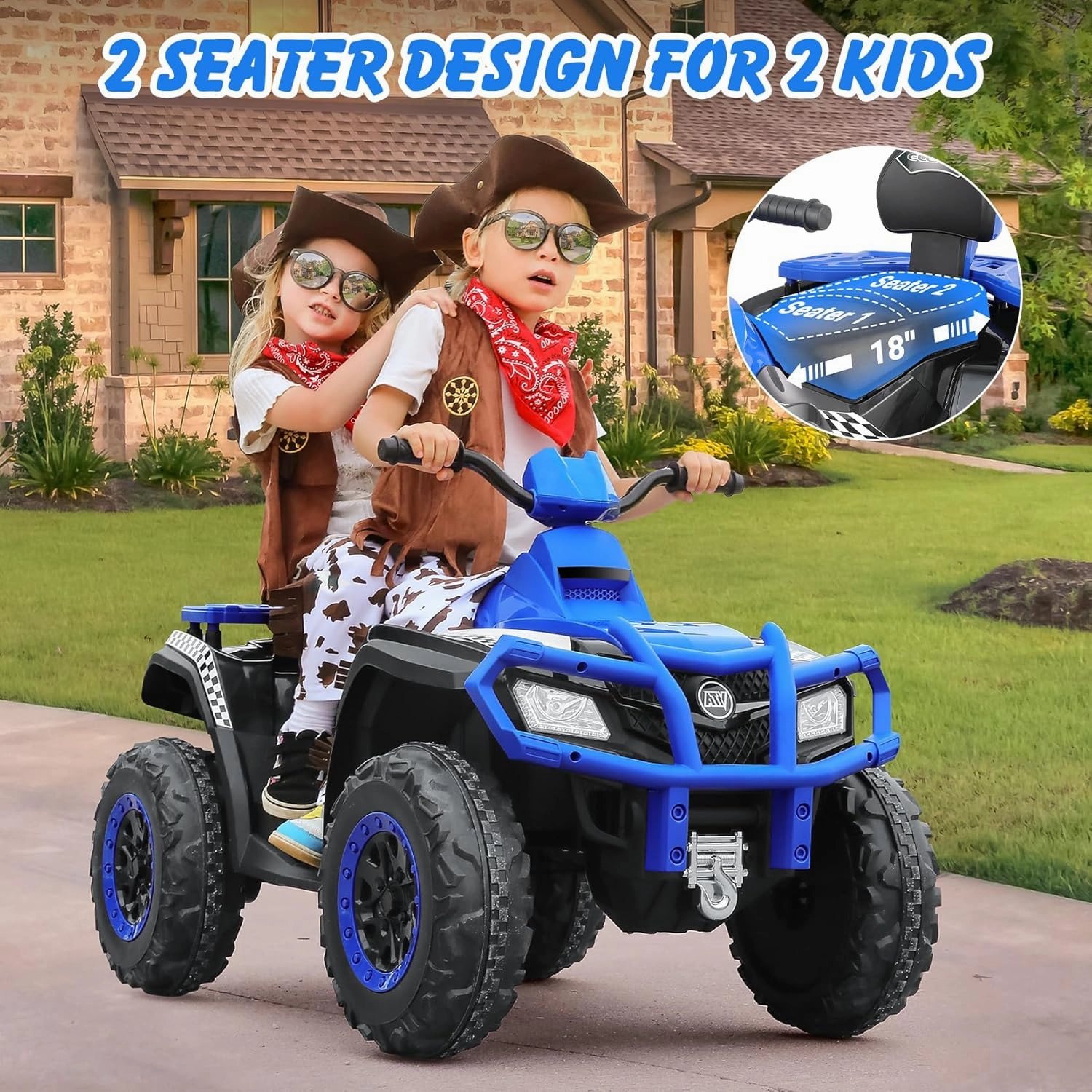 ELEMARA 24V 2 Seater Ride on ATV for Big Kids,4x4 Kids ATV 4 Wheeler Ride on Toy with 400W Powerful Motors, 5mph Max Speed,Kid Four Wheeler,LED Headlights,Music,Electric Ride on Car,Blue