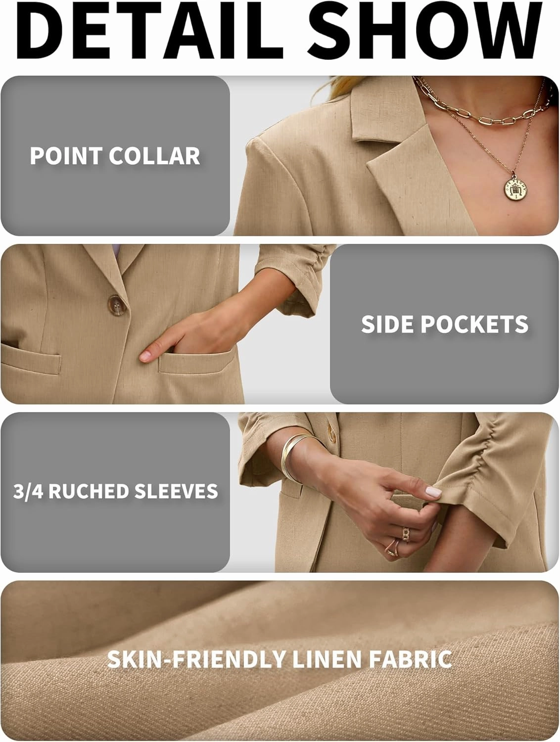 ELLEVEN Women's Linen Blazer 3/4 Ruched Sleeves, Lightweight Slim Fit Jackets with Pockets Half Lining