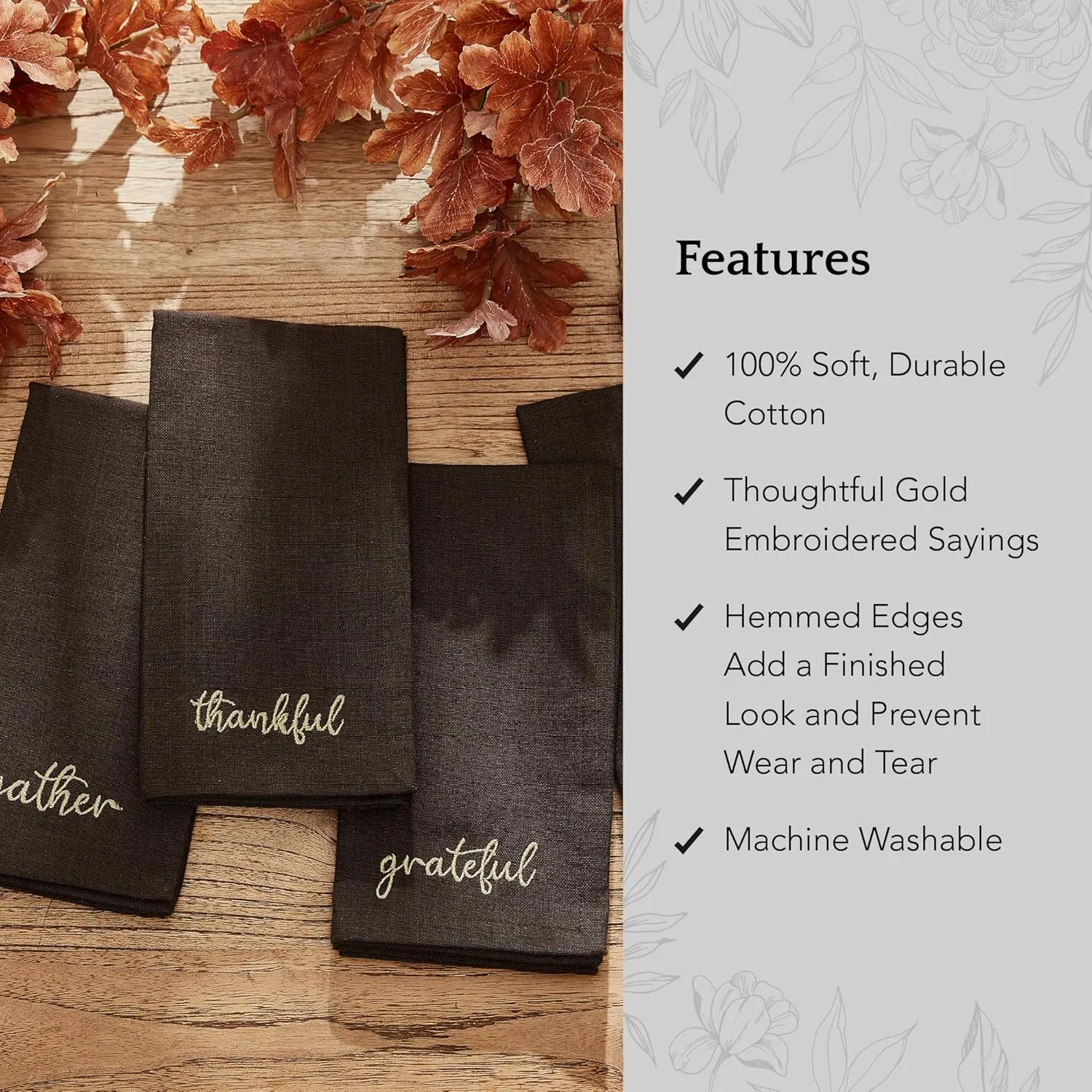 Elrene Home Fashions Harvest Fall Sentiment Embroidered Napkins, Set of 4, 17"x17", Brown