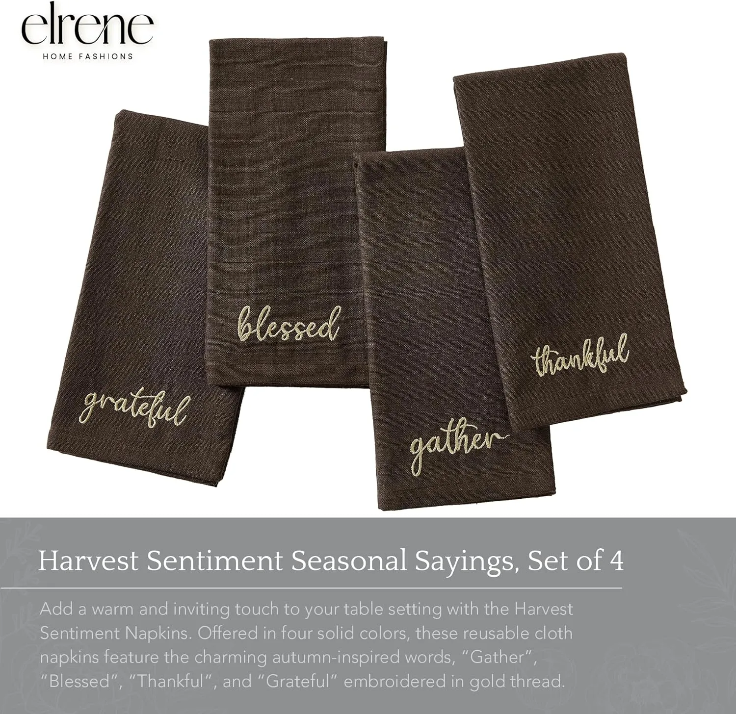 Elrene Home Fashions Harvest Fall Sentiment Embroidered Napkins, Set of 4, 17"x17", Brown