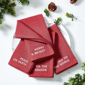 Elrene Home Fashions Joyful Holiday Sentiment Embroidered Napkins, Set of 4, 17"x17", Cranberry