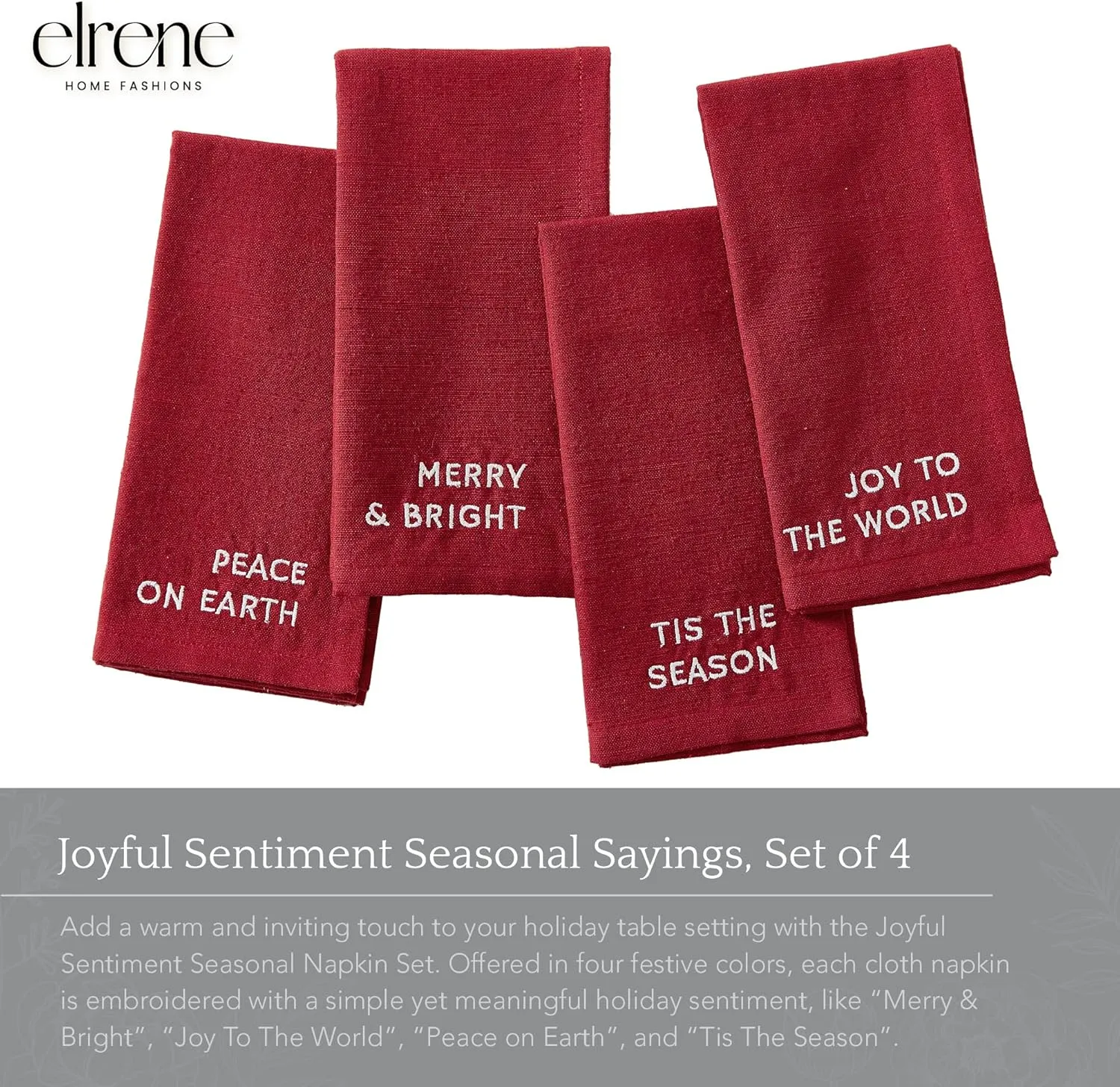Elrene Home Fashions Joyful Holiday Sentiment Embroidered Napkins, Set of 4, 17"x17", Cranberry