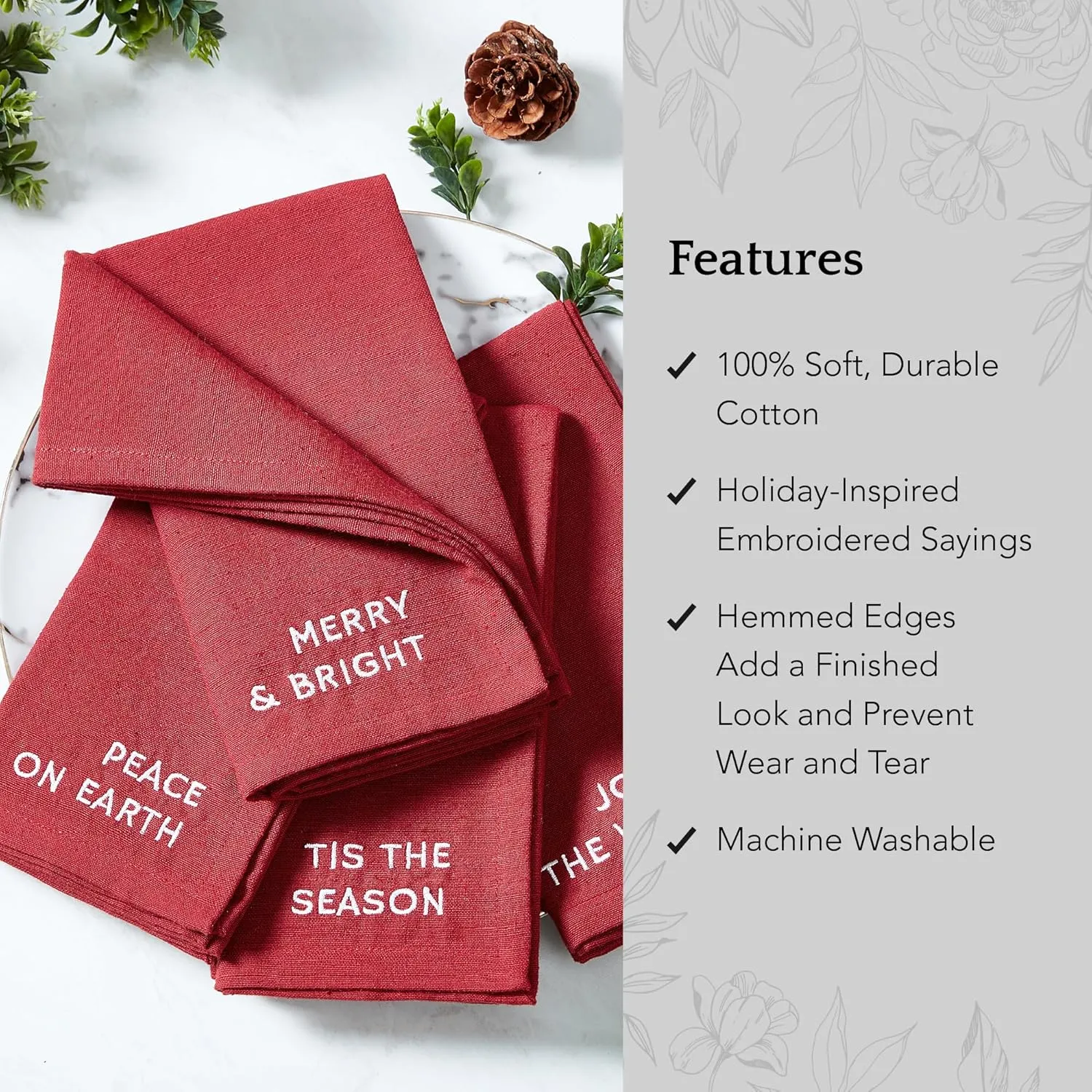 Elrene Home Fashions Joyful Holiday Sentiment Embroidered Napkins, Set of 4, 17"x17", Cranberry