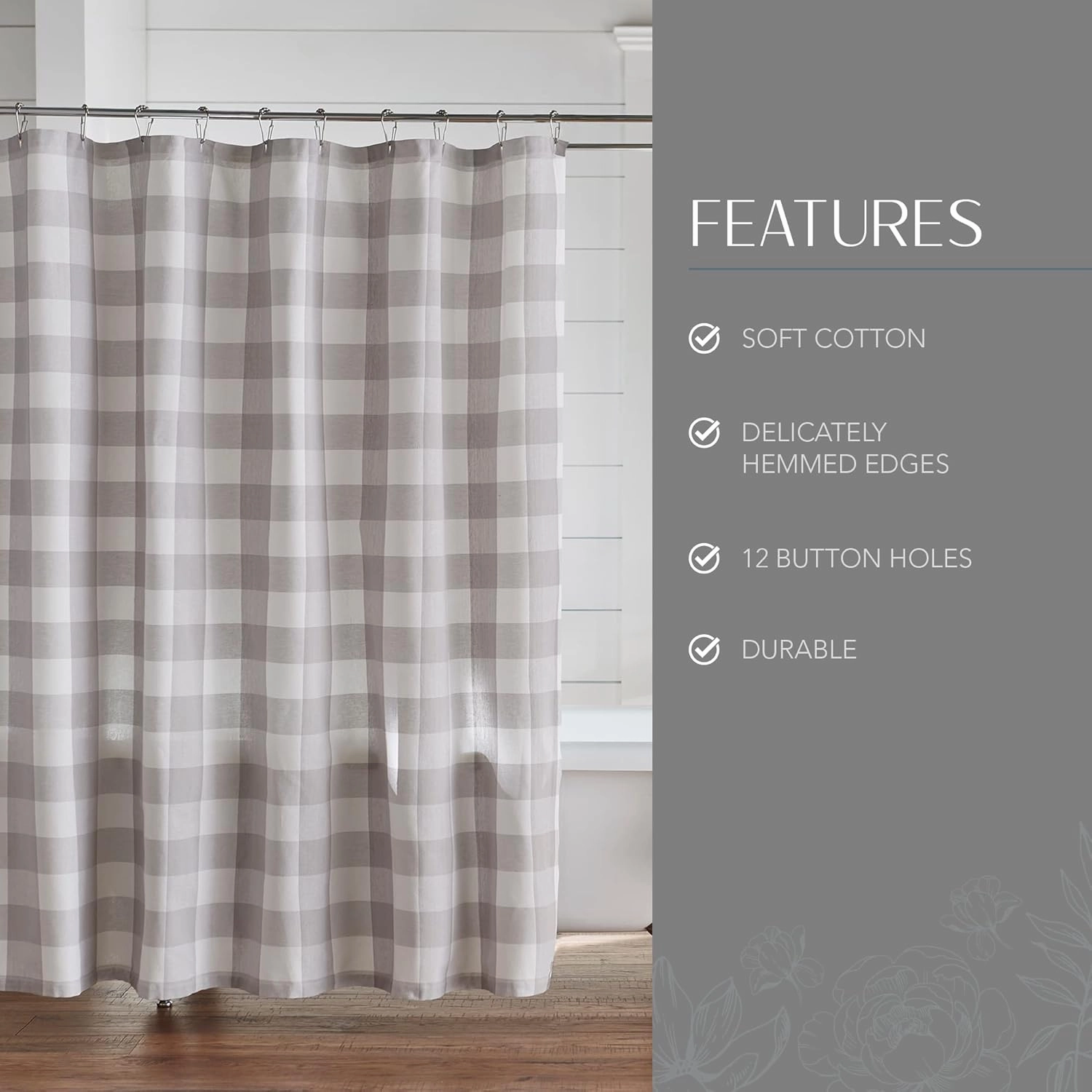 Elrene Home Fashions Farmhouse Living Buffalo-Check Shower Curtain, 72" x 72", Gray/White