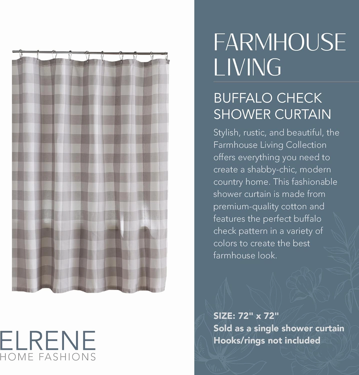 Elrene Home Fashions Farmhouse Living Buffalo-Check Shower Curtain, 72" x 72", Gray/White