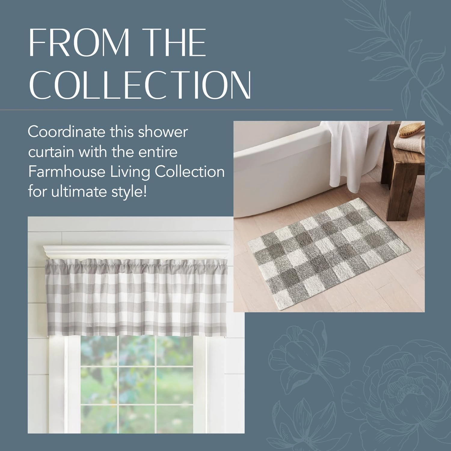 Elrene Home Fashions Farmhouse Living Buffalo-Check Shower Curtain, 72" x 72", Gray/White