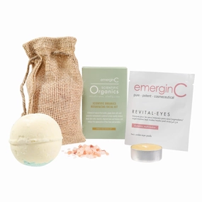 emerginC At-Home Luxury Spa Kit, Scientific Organics - 5-Piece Skincare   Self Care Set - Resurfacing Facial Kit, Revital-Eyes Mask, Essential Oil Bath Bomb, Himalayan Bath Salts   Beeswax Candle